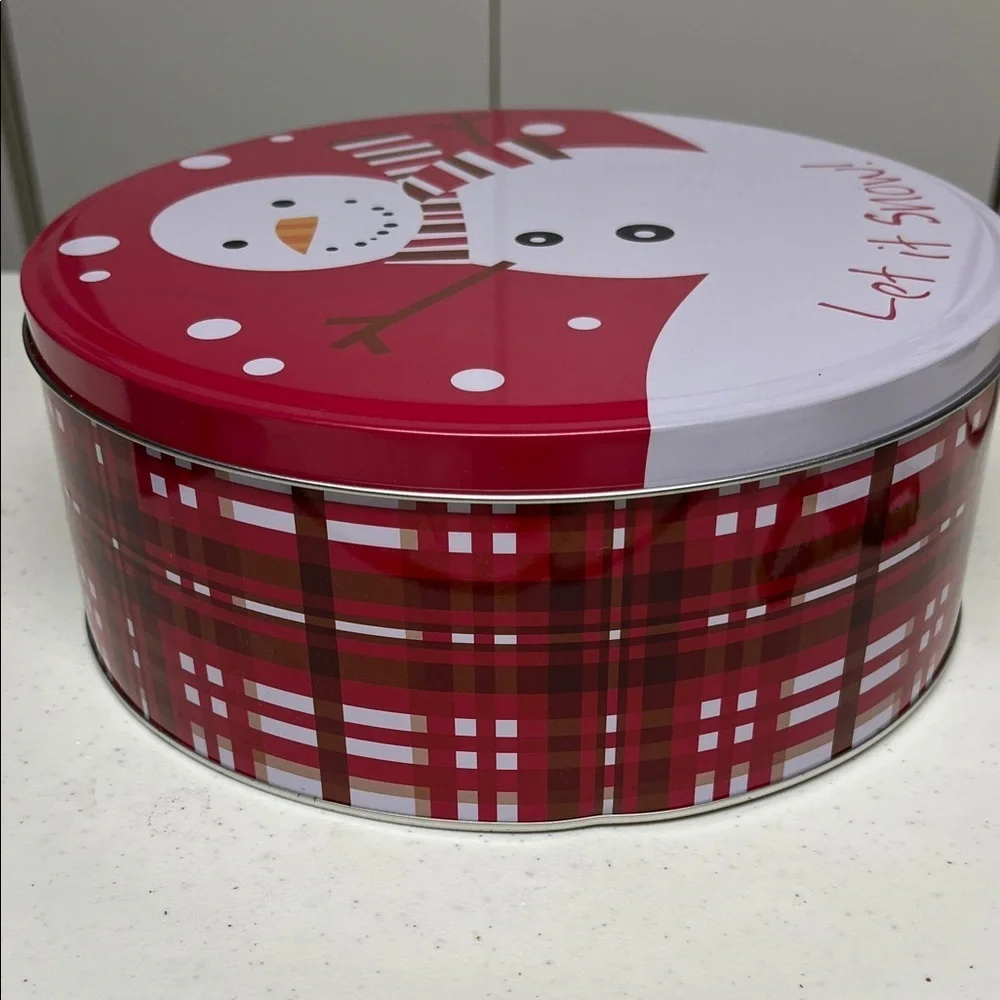 Festive Snowman Tin with Red and White Design